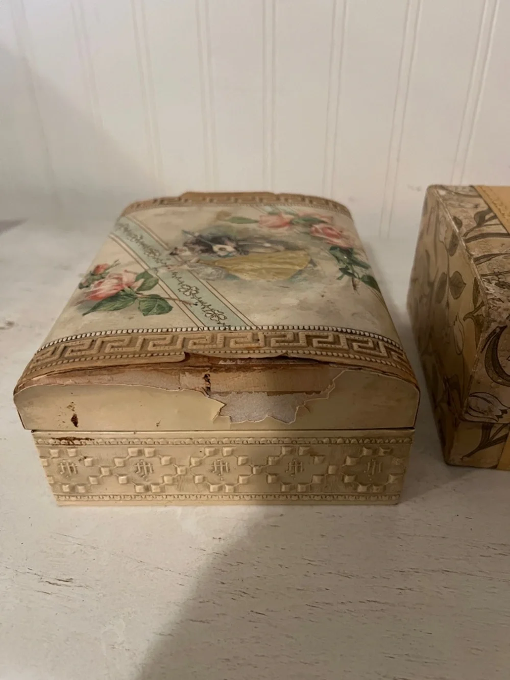 2 Antique Victorian Dresser Vanity celluloid & wood boxes